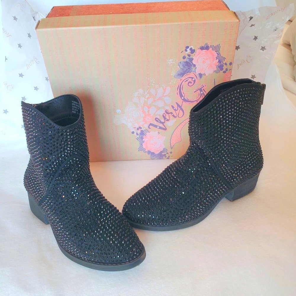 Very G Blinged Out Black Zip Up Boot Size 7.5